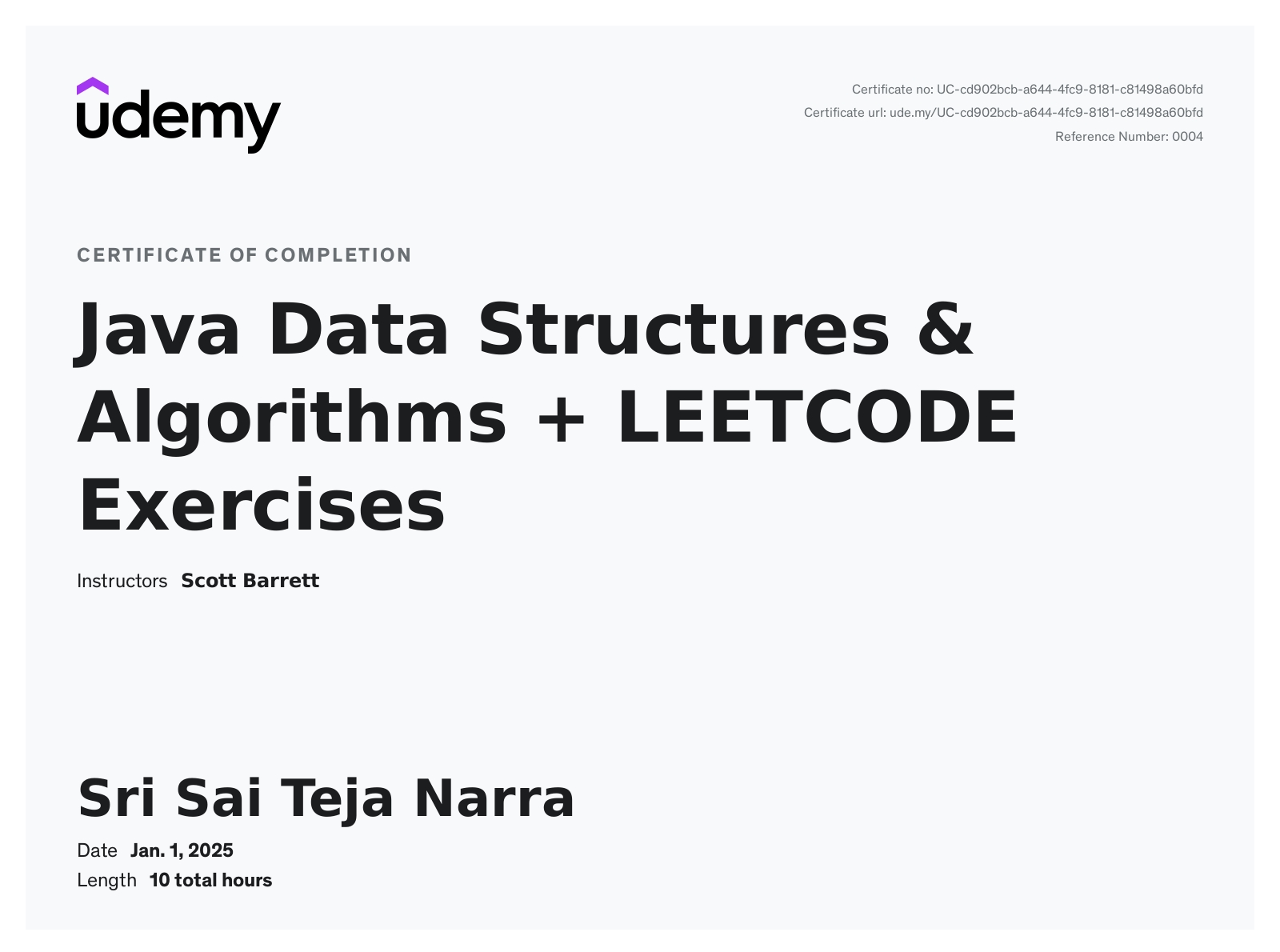 Java Data Structures & Algorithms certificate